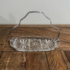 Etched Glass Butter Dish With Metal Handle Vintage